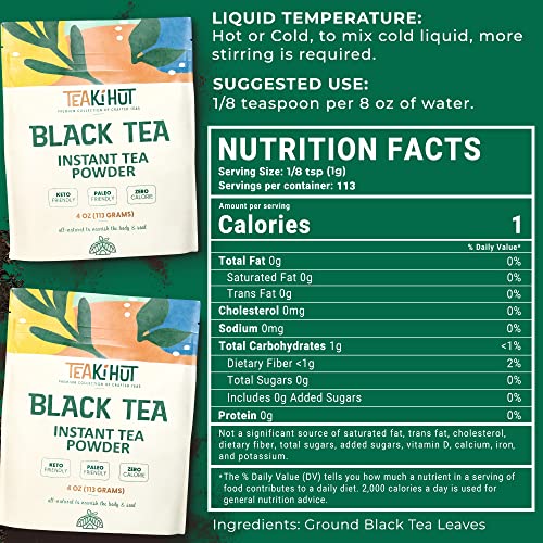 Teaki Hut Instant Black Tea Powder | Zero-Cholesterol Powdered Black Tea Leaves | Unsweetened Instant Tea Mix For Hot & Cold Beverages | Great For Baked Goods, Lattes, & Smoothies | 113 Servings #TOP3