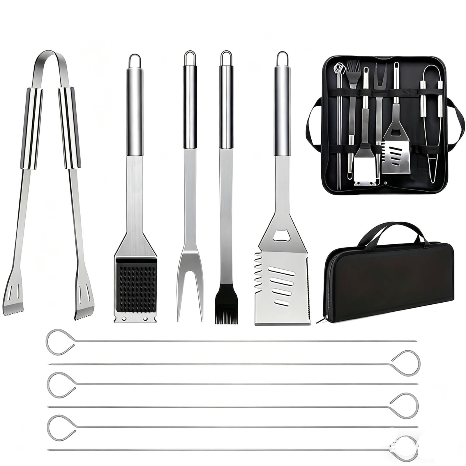 Set di 12 Accessori per Barbecue in Acciaio Inossidabile, Set di Posate e Utensili da Portata, Kit di Attrezzi per griglia Portatile e Pratico