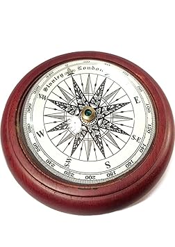 Vintage Nautical Paper Weight Desk Compass (Dome Shaped, Round Magnetic Dial, Wooden Base, 4 Inch)