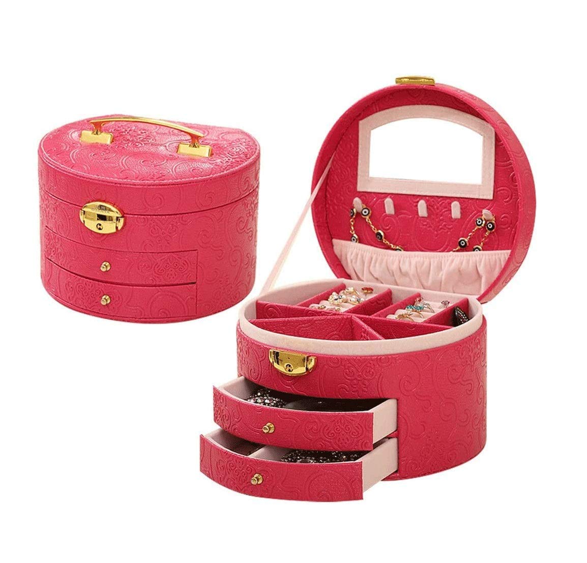 Contenitore di Gioielli, Ecopelle Organizzatore di Gioielli Medio in Pelle, Regalo Vintage per Le Donne stoccaggio scatole da stoccaggio scatole di Gioielli -Pink (Color : Rose Red)