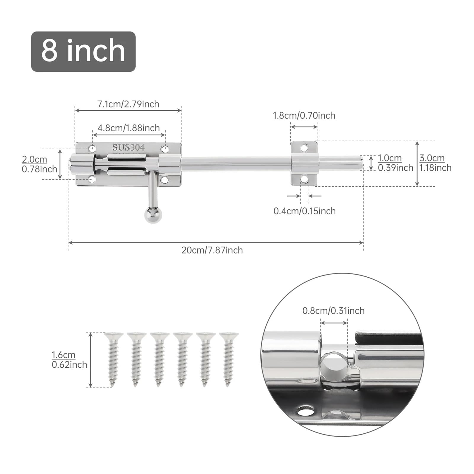 Cerradura de puerta deslizante alta resistencia, 4/6/8/10/12 pulgadas, con orificio for candado 8mm, pestillo perno barril acero inoxidable 304 engrosado 10mm Adecuado para puertas y ventanas(8 inch)