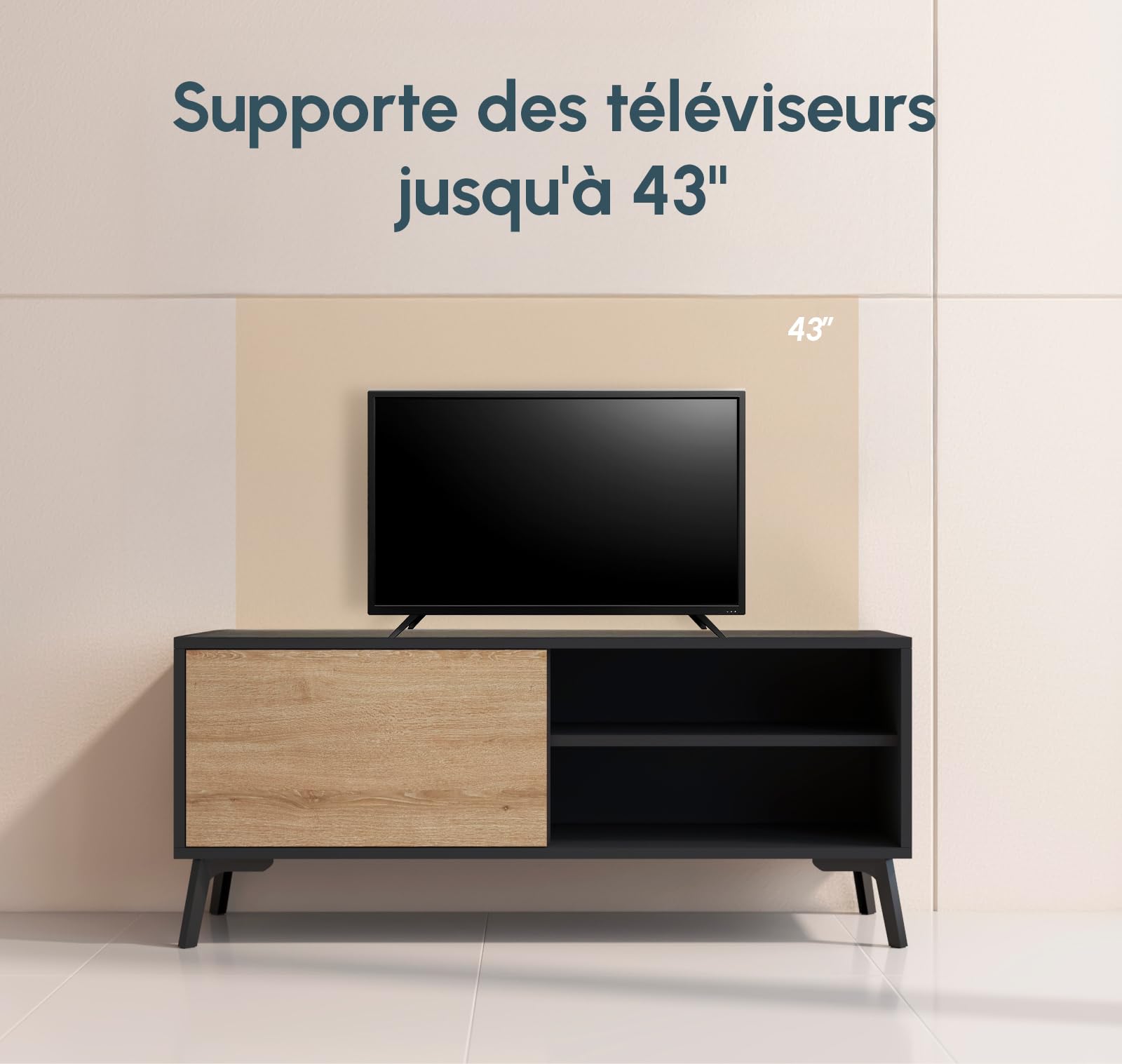 MB Muebles Bonitos | Meuble TV Bas Kai avec 1 Porte pour Salon Moderne | Meuble en Mélamine Mate | Couleur Noir et Sonoma | 100x42x30 cm