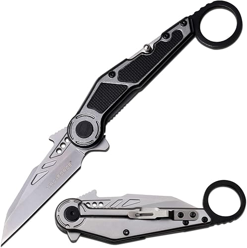 Tac-Force Cuchillo de bolsillo plegable - Hoja de acero inoxidable Bead Blast, mango de aluminio plateado con incrustaciones de goma negra, cortador