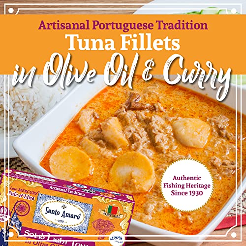 Image of Santo Amaro - Artisanal Wild Tuna Fillets in Olive Oil & Turmeric Curry, Pole & Line Caught from Portugal, Hand-Packed Goa-Style Natural Canned Tuna, 22g Protein, Keto, 124 Cal, Low Mercury, Pack of 6