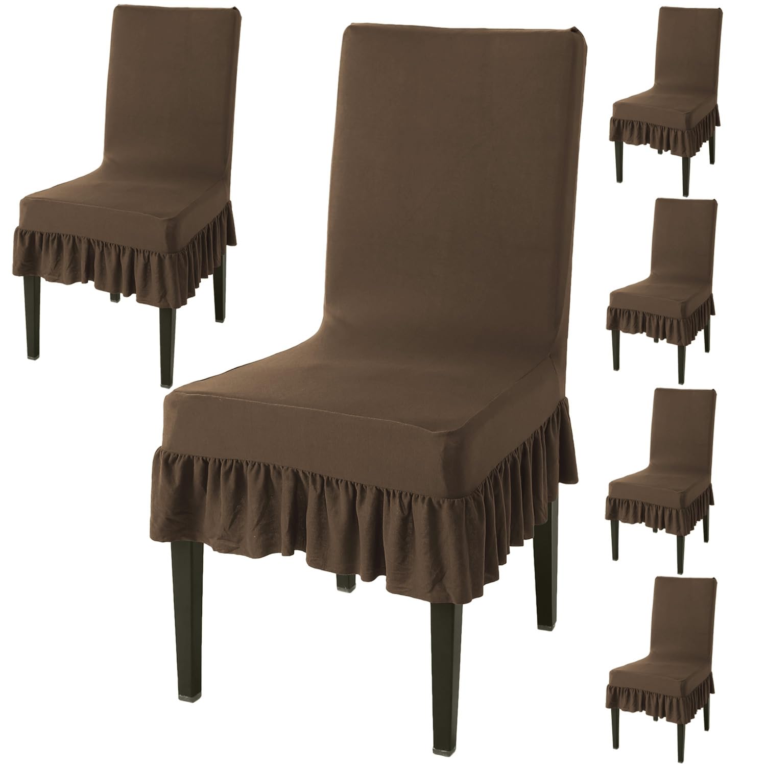 HOKIPO Dining Chair Cover Set of 6 Seater with Frill, Coffee Brown (AR