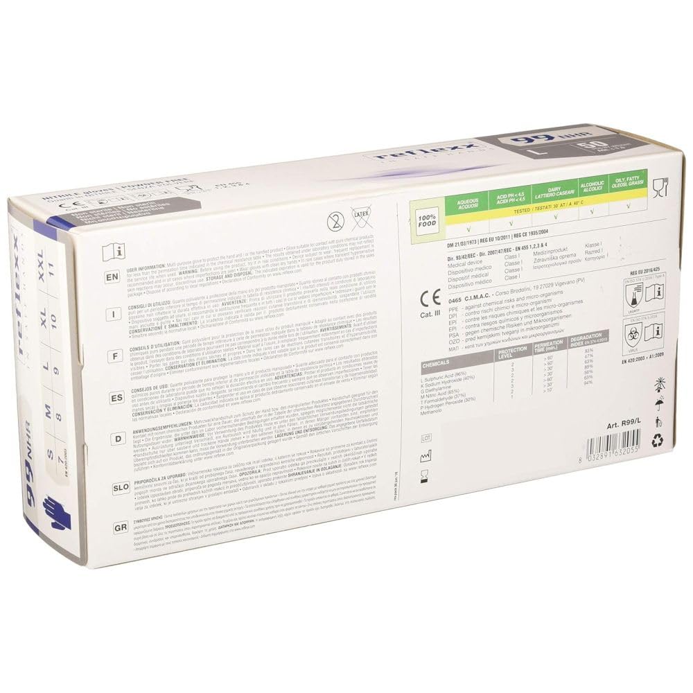 REFLEXX R99 NHR Guanti In Nitrile INDACO High Risk - 8,8g, Alta Resistenza, Manichetta Lunga 29cm, Taglia M (Confezione 200 Pezzi)
