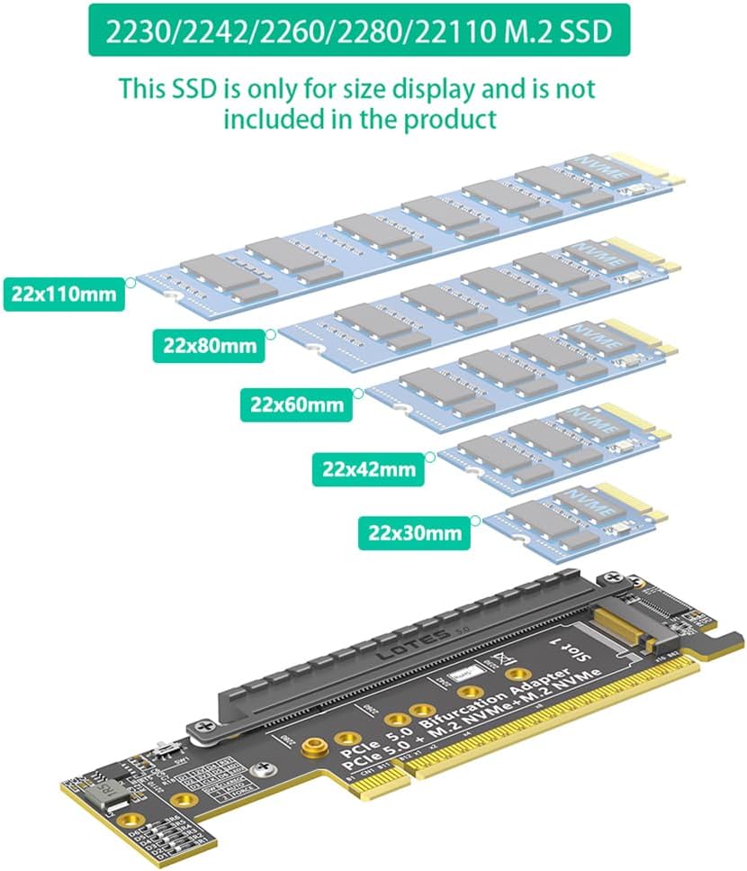 JMT PCIe 5.0 X16 to Dual M.2 Mkey and PCIe x16(x8 Signal) Adapter Dual M.2 Mkey PCIe5.0 Adapter Compatible with M.2 NVMe SSD that Support PCI-e Bifurcation x8x4x4