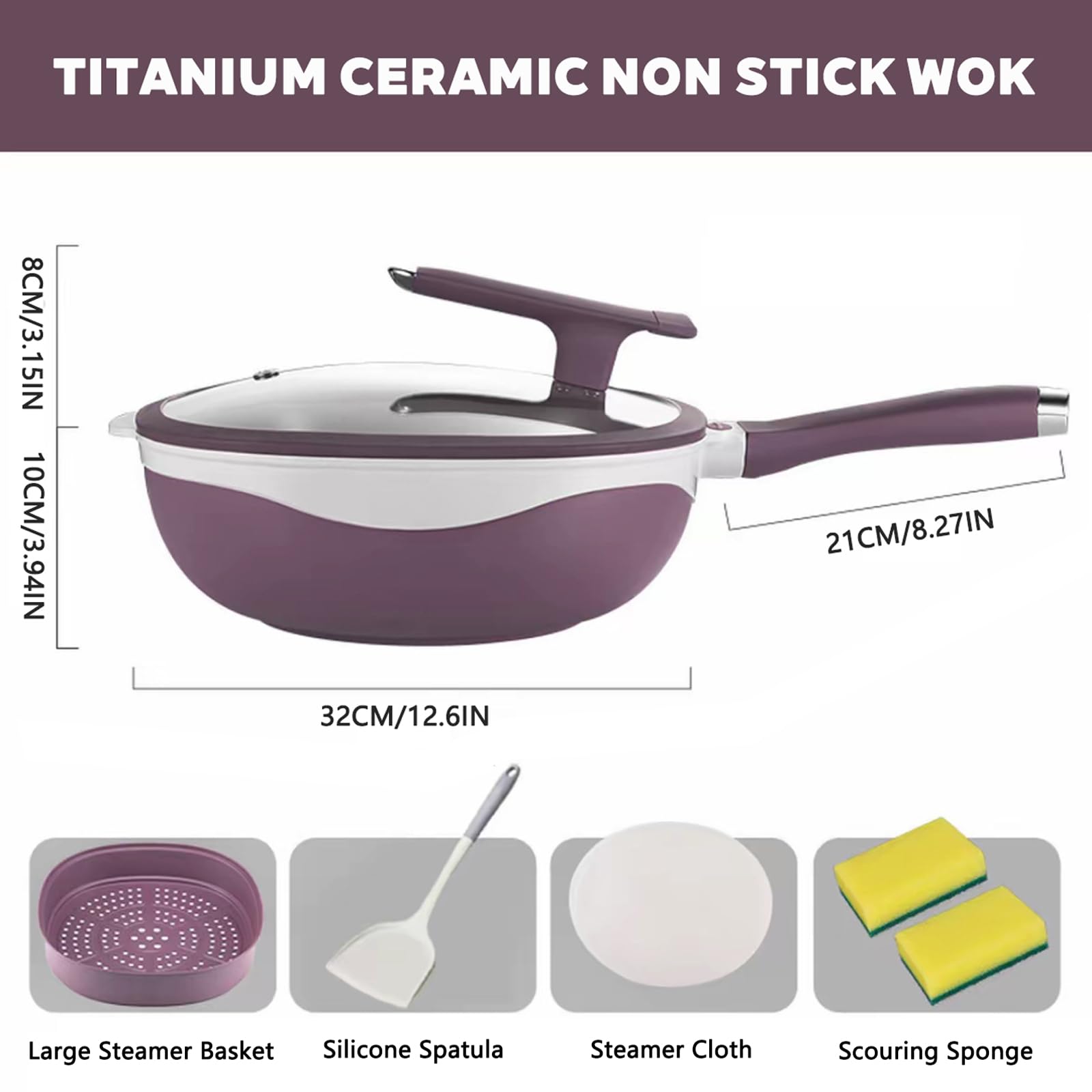 Patelnia ze stopu tytanu z powłoką zapobiegającą przywieraniu, pokrywką i parowarem, ergonomiczny uchwyt Stay Cool, wielofunkcyjna patelnia ceramiczna do gotowania i duszenia