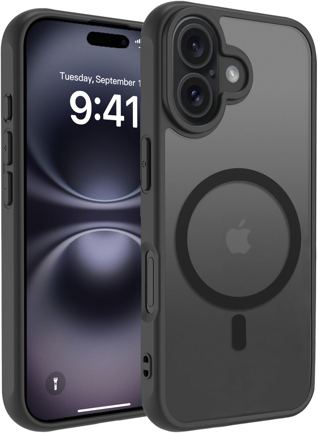 iPhone 16 ケース MagSafe対応 耐衝撃 半透明 マグネット搭載 軽量 薄型 マグセーフ マット感 黄ばみなし 米軍MIL規格 ストラップホール付き ワイヤレス充電対応 EUMADOVE (ブラック, IPhone 16)