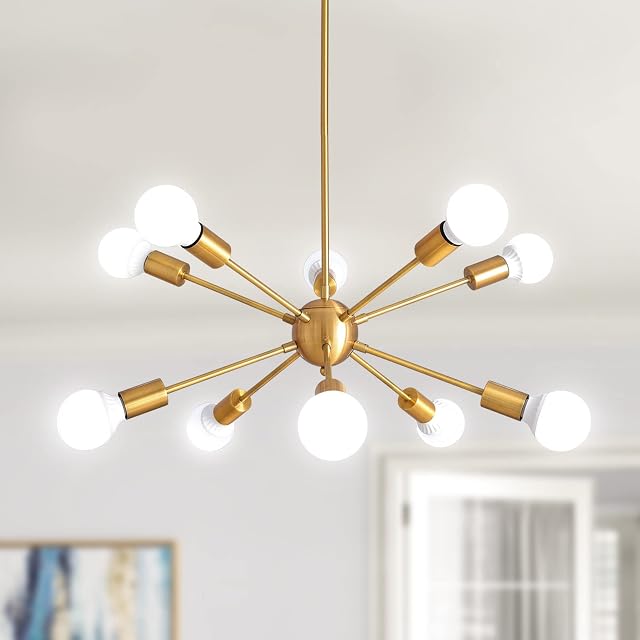 ASHUAQI Gold Sputnik Chandelier 10 Lights, Brushed Brass Modern Pendant Lighting Adjustable Length, Industrial Vintage Ceiling Lights Fixture for Living Room, Hallway, Dining Room, Kitchen