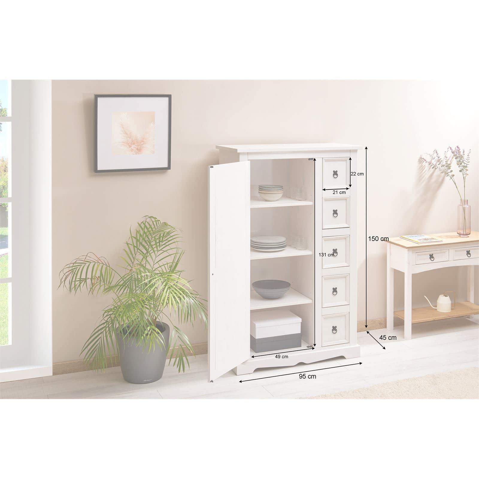IDIMEX Buffet Salle à Manger apothicaire Tequila L 95 cm en Bois Massif Blanc avec 1 Porte battante et 5 tiroirs spacieux, Style Mexicain, Meuble de Rangement, Structure Robuste et Finition élégante