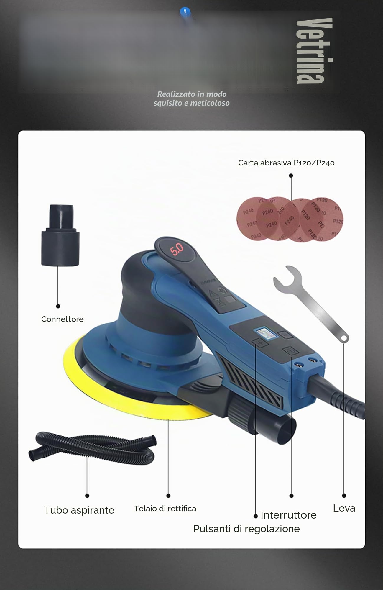 Levigatrice Orbitale Eccentrica Elettrica 150mm (360W, Ø5.0mm, 4000-10000 giri/min, 7 Velocità), Vibrazioni Ridotte Per Legno, Metallo e Carrozzeria