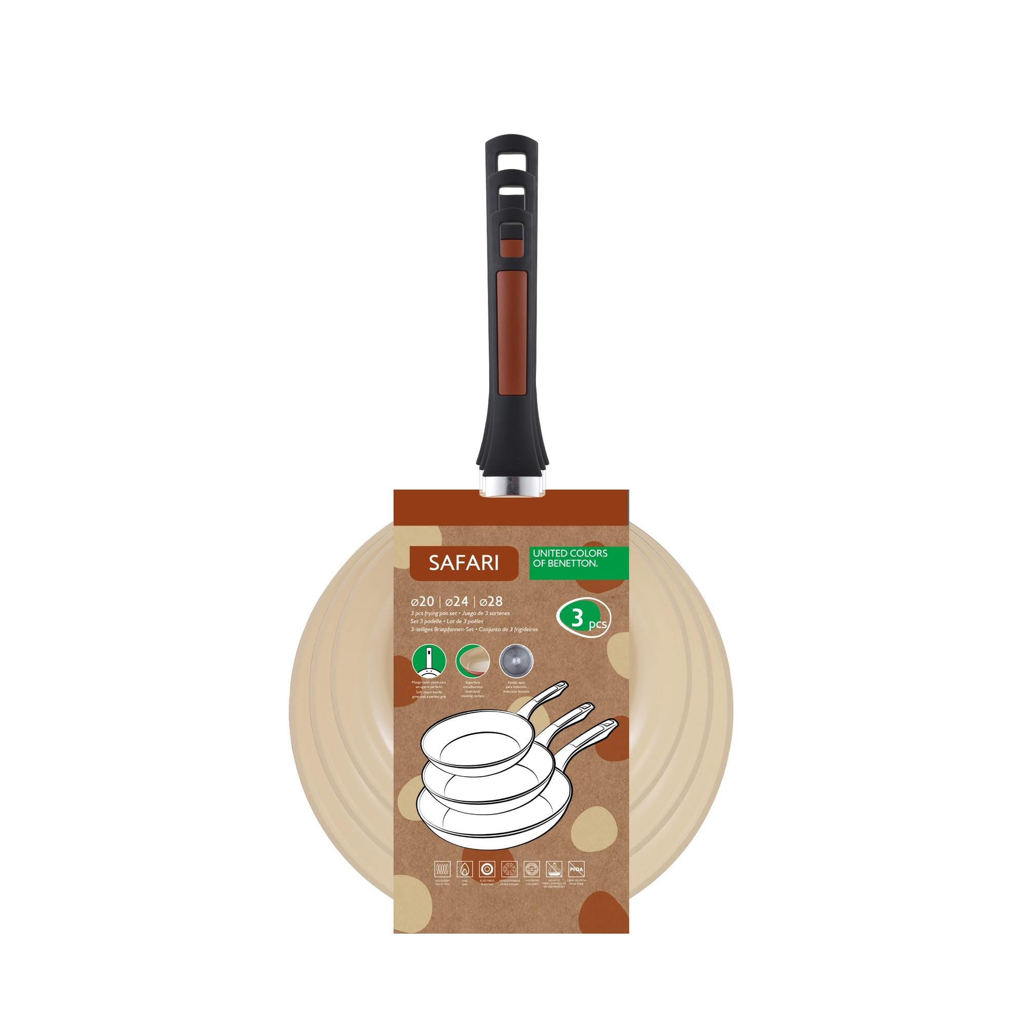 UNITED COLORS OF BENETTON. Safari | Juego de Sartenes | Incluye 3 Sartenes Antiadherentes de 20, 24 y 28 cm de Diámetro | Fabricadas en Aluminio Forjado | Menaje de Cocina | Aptas para Inducción