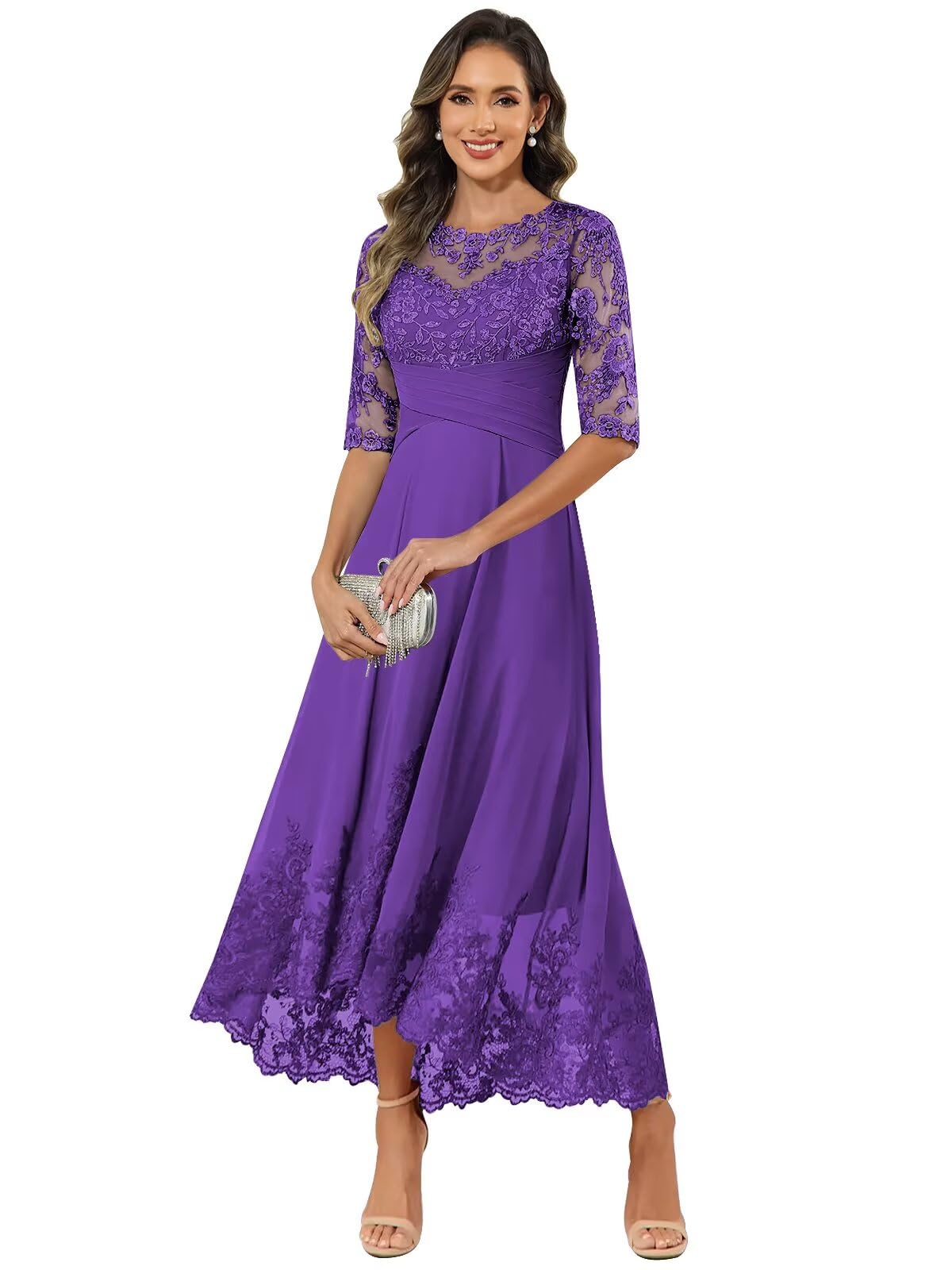 VCCICANY Tea Length Mother of The Bride Dresses for Women Lace Appliques Chiffon Long Formal Evening Gown with