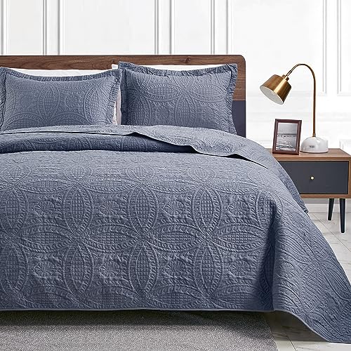 Love's cabin California King Size Quilt Set Blue Bedspreads - Soft Summer Quilt Lightweight Microfiber Bedspread- Modern Style Coin Pattern Coverlet for All Season - 3 Piece (1 Quilt, 2 Pillow Shams)