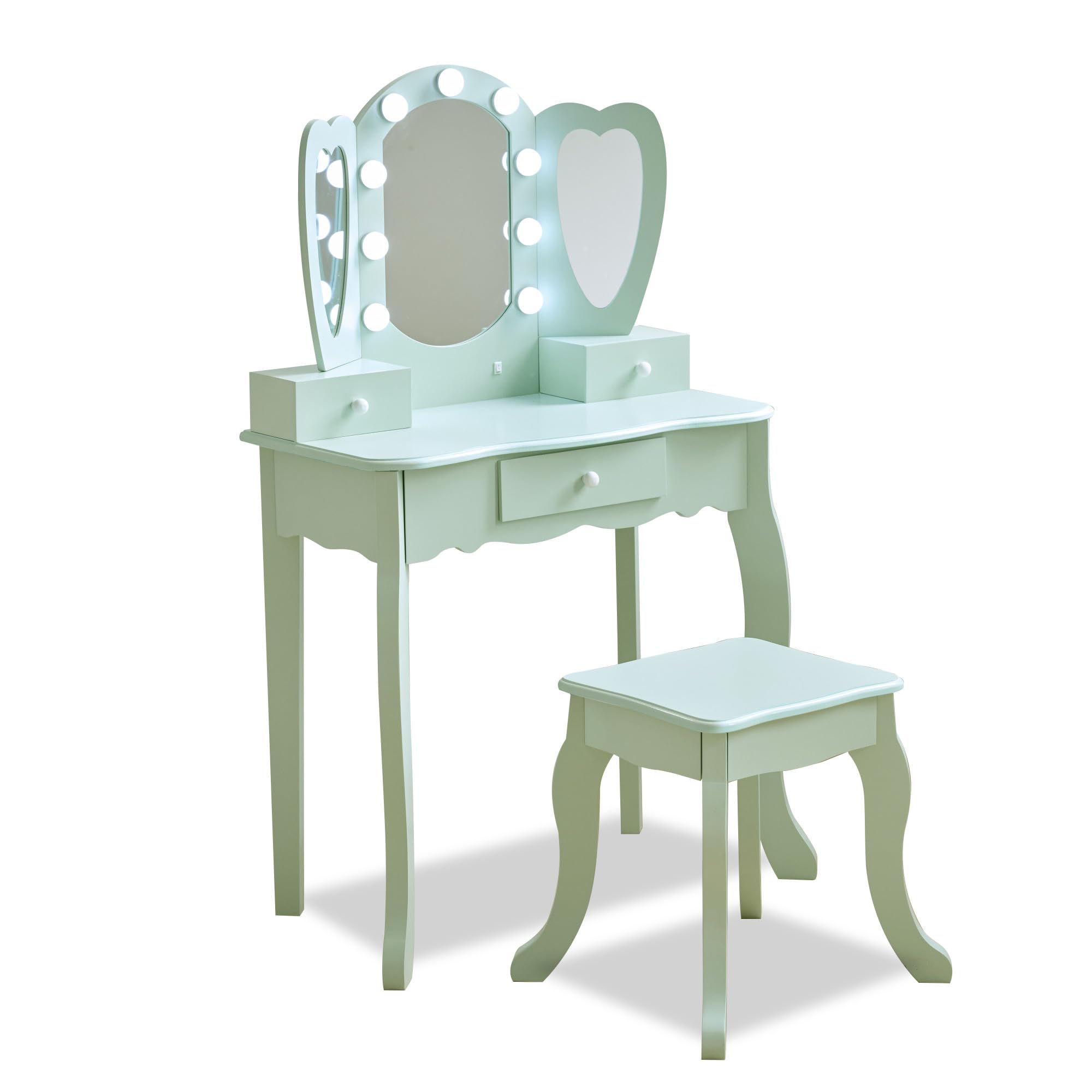 Teamson Kids Vanity Table with LED Mirror Stool & Drawers - Green