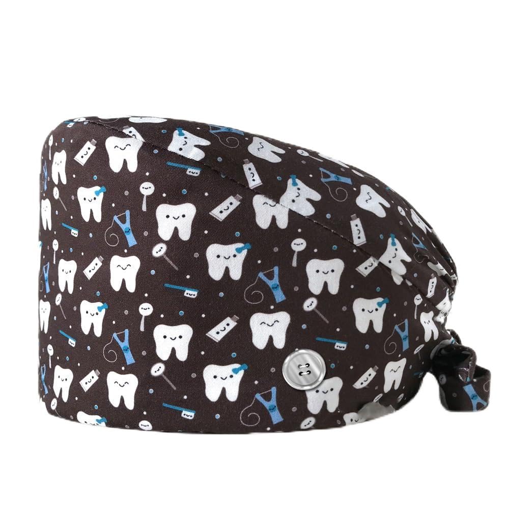 2 Stück Zähne Bedruckte Scrubs Mütze mit Knöpfen Verstellbare Baumwoll Scrub Cap Bouffant Mütze Frauen Scrubs Hüte Unisex Stillkopfbedeckung