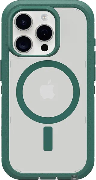 OtterBox iPhone 15 Pro (Only) Defender Series XT Clear Case - Velvet Evergreen (Clear), screenless, Rugged, Snaps to MagSafe, Lanyard Attachment