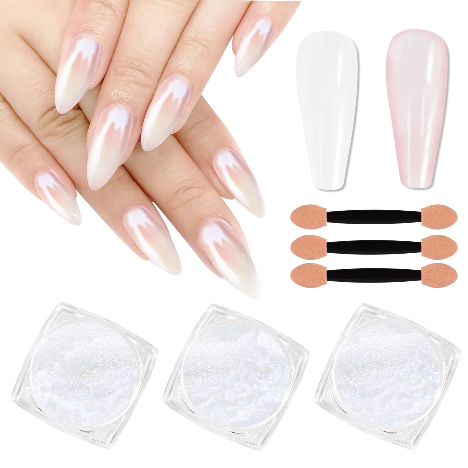 SIUSIO White Pearl Chrome Nail Powder, 3pcs Iridescent Aurora Powder Metallic Mirror Effect Pigment Pearlescent Mermaid Pigment for Nail Art Manicure