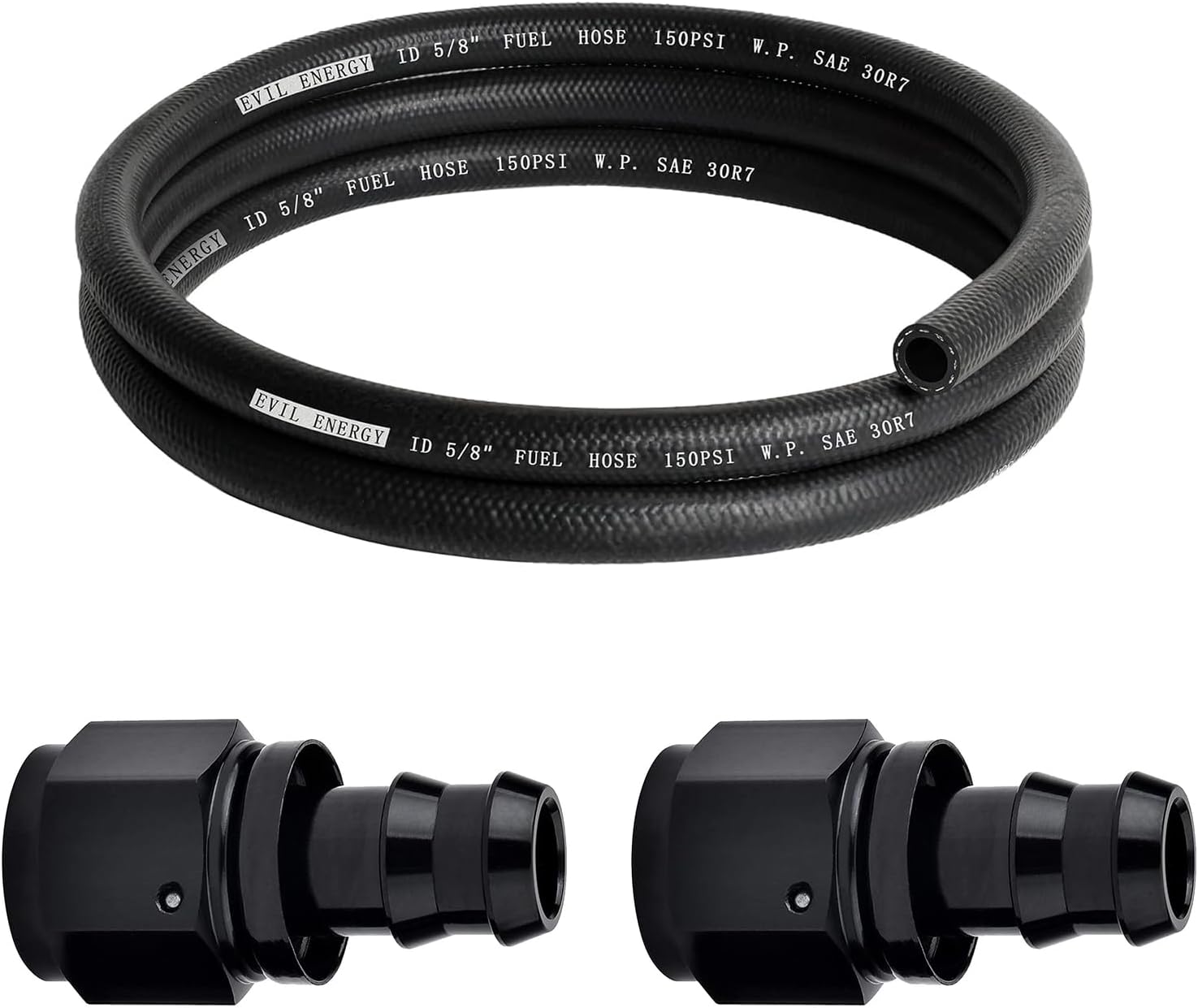 EVIL ENERGY 5/8" Fuel Hose Line Push Lock SAE 30R7 NBR 5FT 150PSI Bundle with 10AN Straight Push Lock Hose Fitting Black 2PCS