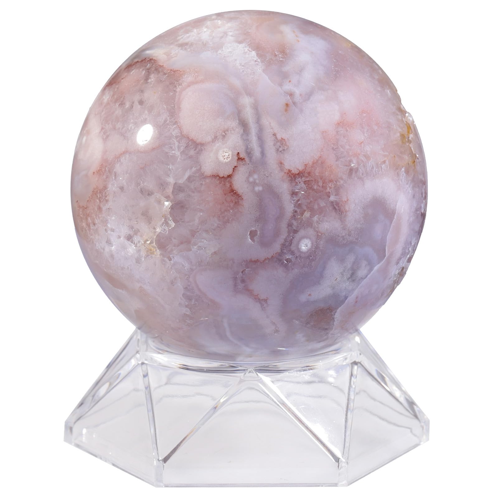 mookaitedecor 71-80mm Cherry Blossom Agate Crystal Ball Sphere Ornament with Stand Rare Crystals and Gemstones for Collecting Pink Sakura Agate Stone Healing Crystal Geode Ball Gift Rock and Mineral