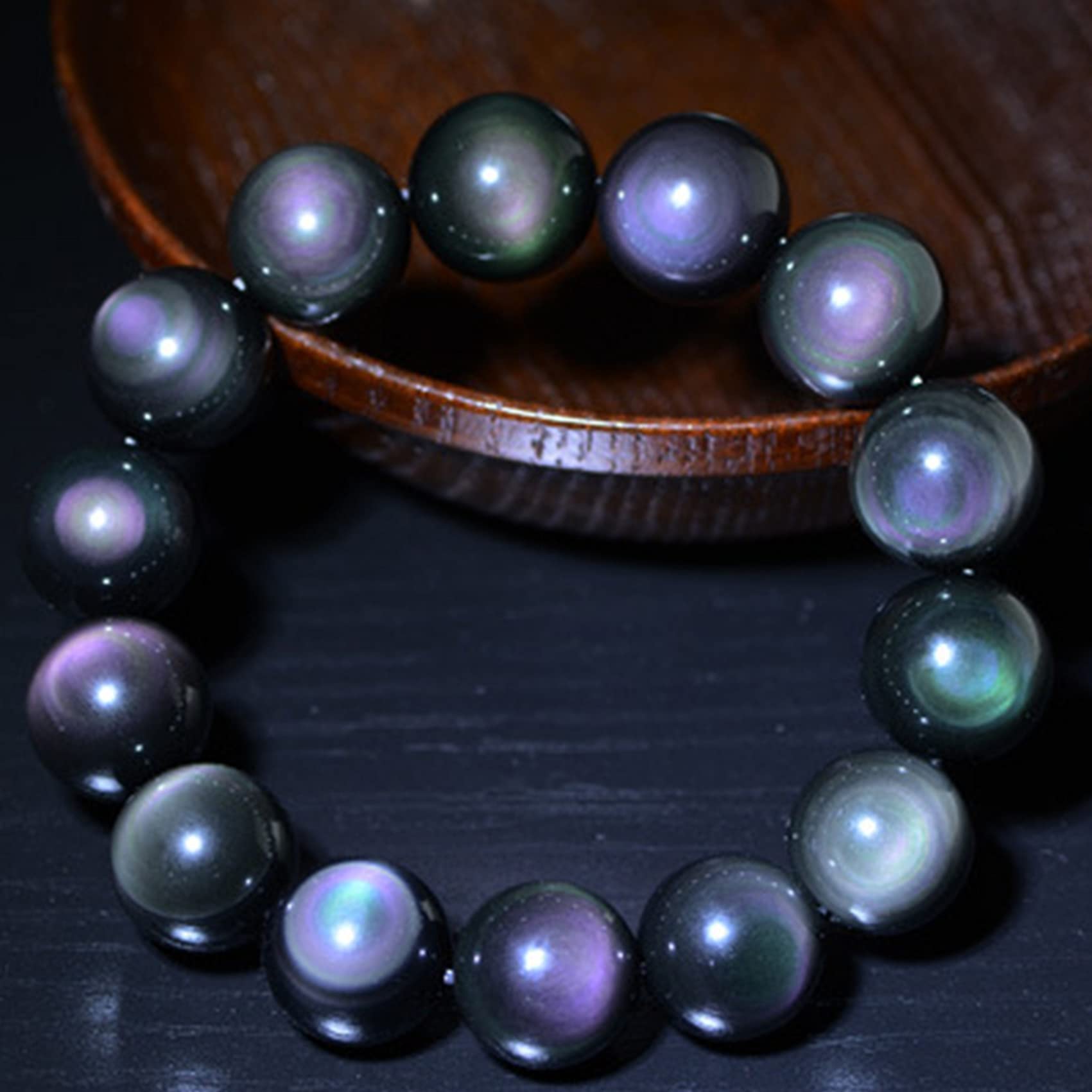 LYGBAOFUL Czarna bransoletka z obsydianu, bransoletka dla par naturalny tęczowy koralik z kryształem dla kobiet mężczyzn, 14 mm (kolor: tęcza, rozmiar 8 mm)