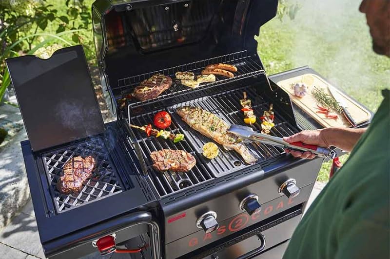 Char-Broil Gas2Coal Special Edition 3 Barbecue hybride 3 + 1 brûleur, bac à charbon de bois breveté, brûleur Sear 900 °C et plaque de cuisson supplémentaire