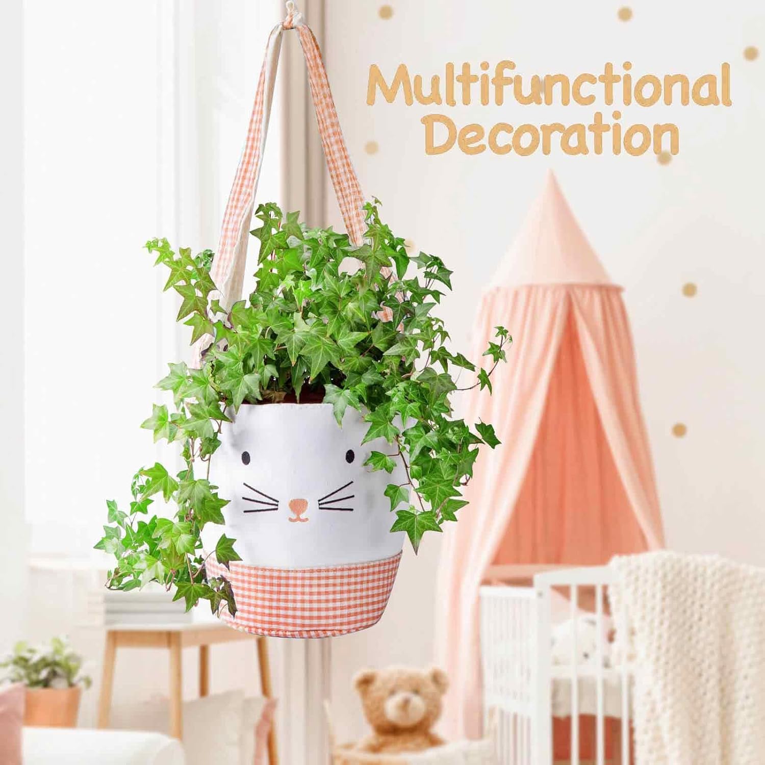 2 Pack Easter Basket set for Kids, Large Canvas Bunny Bag with Carrot Card & Letters Stickers for Egg Hunt with Adjustable Rabbit Ear Handle for Baby Boy Girl Toddler, Green Orange