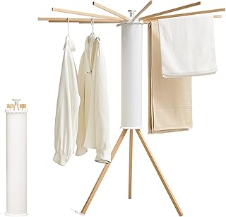 JOOM Tripod Clothes Drying Rack, Garment Rack Portable and Foldable Space Saving Laundry Drying Rack - Drying Rack Clothing 12 Rods Wooden