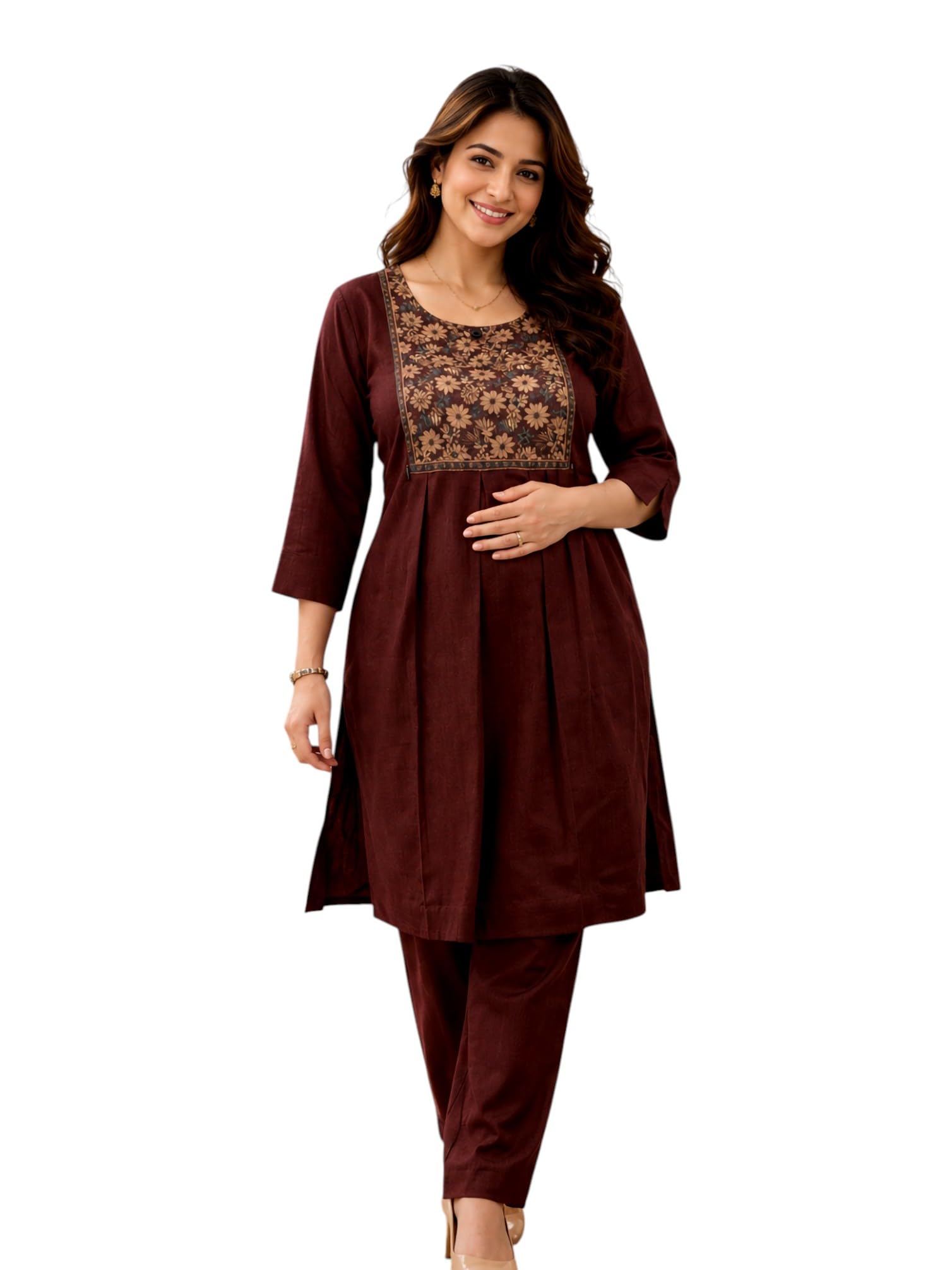 Pure Cotton Feeding Kurta Pant Set for Women | Floral Anarkali Pregnancy Dress with Concealed Nursing Zipper Side Pocket | Pre & Post Partum | Maternity Dresses | Baby Shower Outfit-image-33