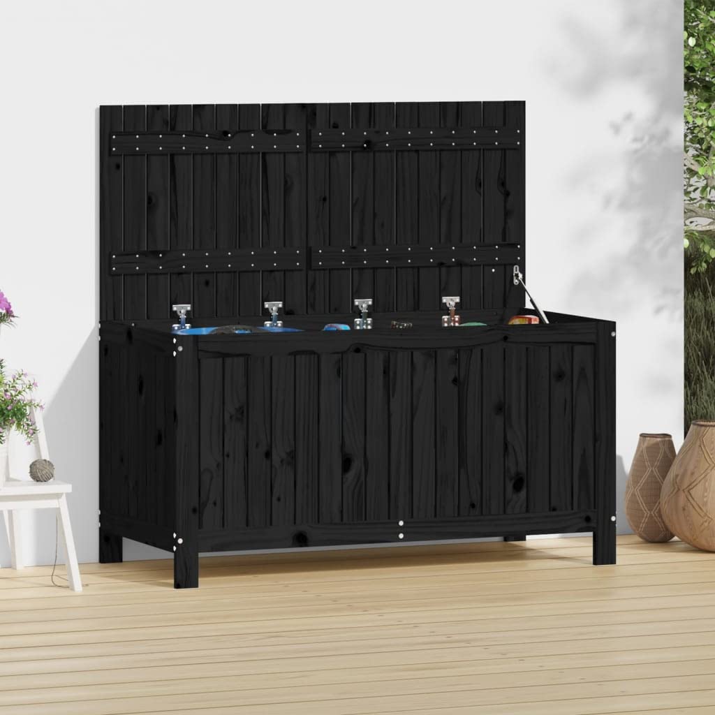 Gartentruhe aus Massivholz Kiefer 121x55x64 cm mit Gasdruckfeder Deckel und Belüftungslatten, Stauraum Box für Aufbewahrung, Outdoor Aufbewahrungsbox Schwarz