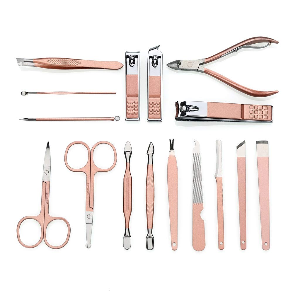 Juego de Cortaúñas Manicura 16pcs / set Rose Gold Nail Clipper Set Professo de acero inoxidable tijeras de uñas Scissors Clipper Tweeer Tools Family Foot Hand Care Set para el Cuidado Personal y la Be
