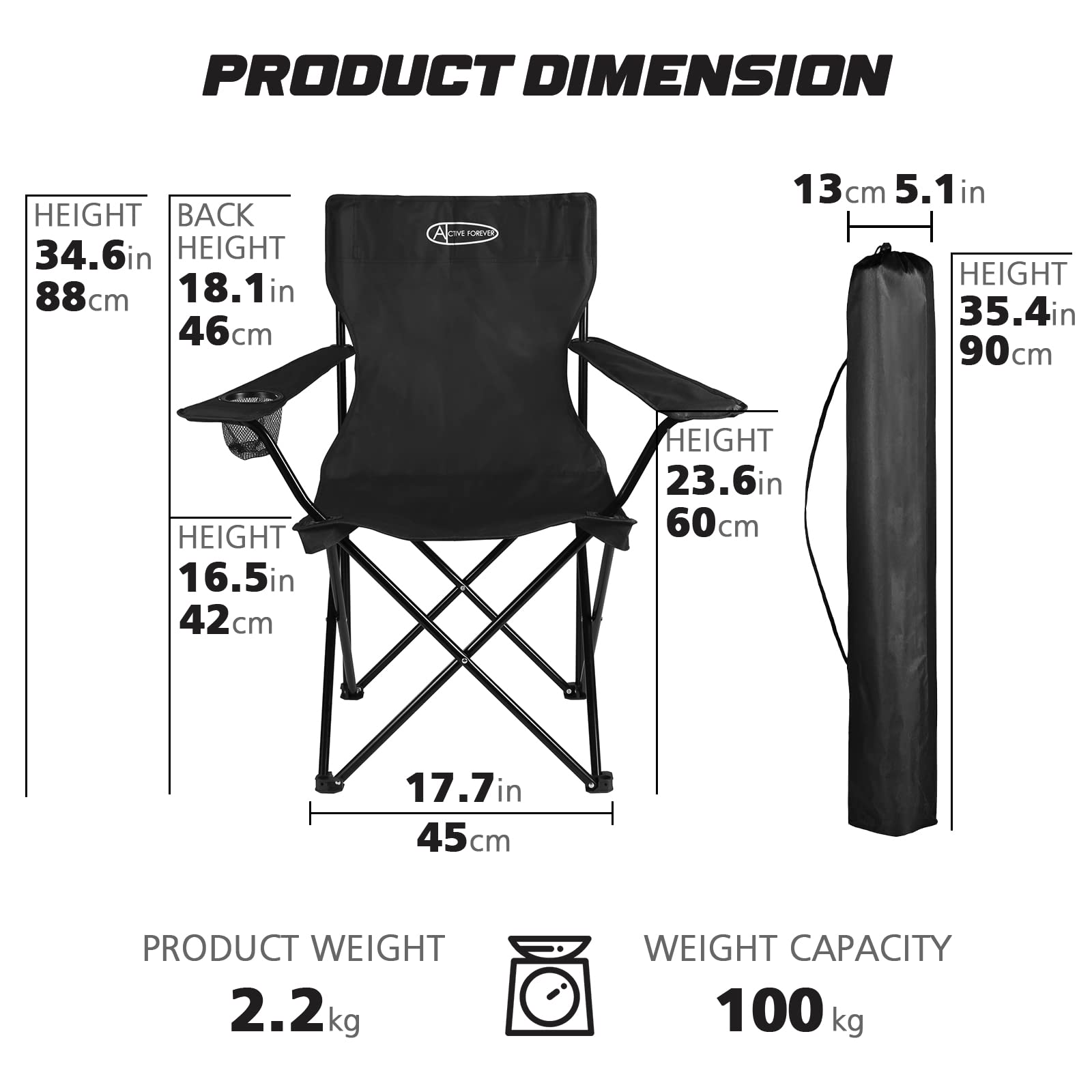 Lot de 2 Chaise de Camping Pliante, Siège Pliable Portable Chaise Camping avec Porte-gobelet, Capacité 100kg, Adaptée au Camping, à la Plage, au Barbecue, à la Pêche - Noir WY-G-439
