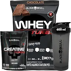 KIt Suplementos Whey Protein Concentrado + Creatina Monohidratada Turbo 150g + Shakeira - Black Skull (Whey Turbo Chocolate + Creatina 150g + Shakeira)