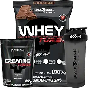 KIt Suplementos Whey Protein Concentrado + Creatina Monohidratada Turbo 150g + Shakeira - Black Skull (Whey Turbo Chocolate + Creatina 150g + Shakeira)