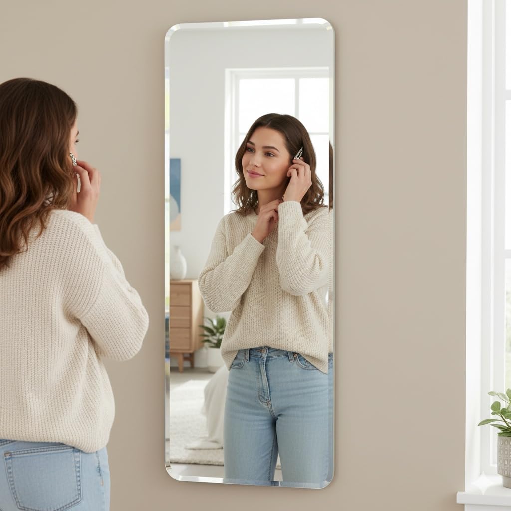 5mm Full Length Long Beveled Smooth Edges Frameless Rectangular Wall Mount HD Mirror Home Decor Items (18x42 inch Beveled, Long)