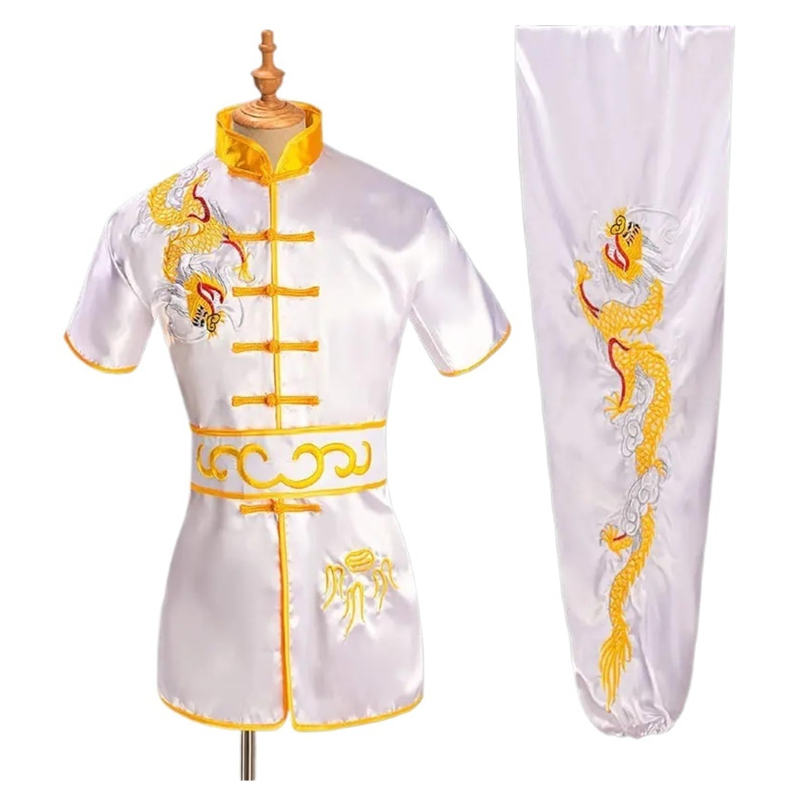 Uomo Donna Tradizionale Drago Wushu Uniforme Kung Fu Abbigliamento Set Arti Marziali Uniforme Tai Chi(White Yellow,180 cm)