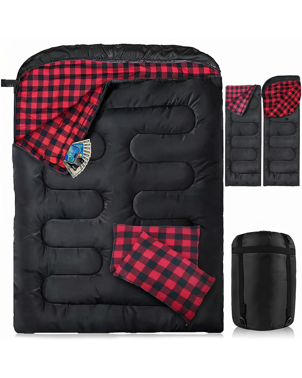 Gigoteuse double en flanelle pour 2 personnes - 220 x 160 cm - Double fermeture éclair améliorée - Avec 2 oreillers et sac de transport - Sac de couchage pour adulte - Pour la famille