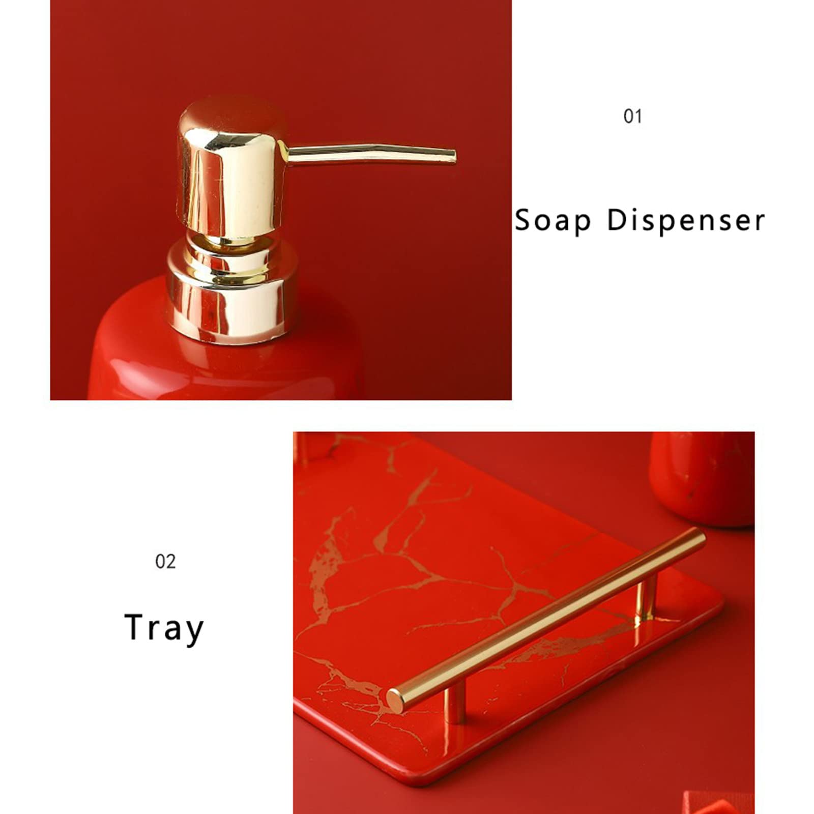 Juegos de Accesorios de baño, Acesorios Cuartos de Baño 5 Piezas con Dispensador Jabon Baño, Jabonera Baño, Porta Cepillo de Dientes, para Champú Cerámica Simple Rojo