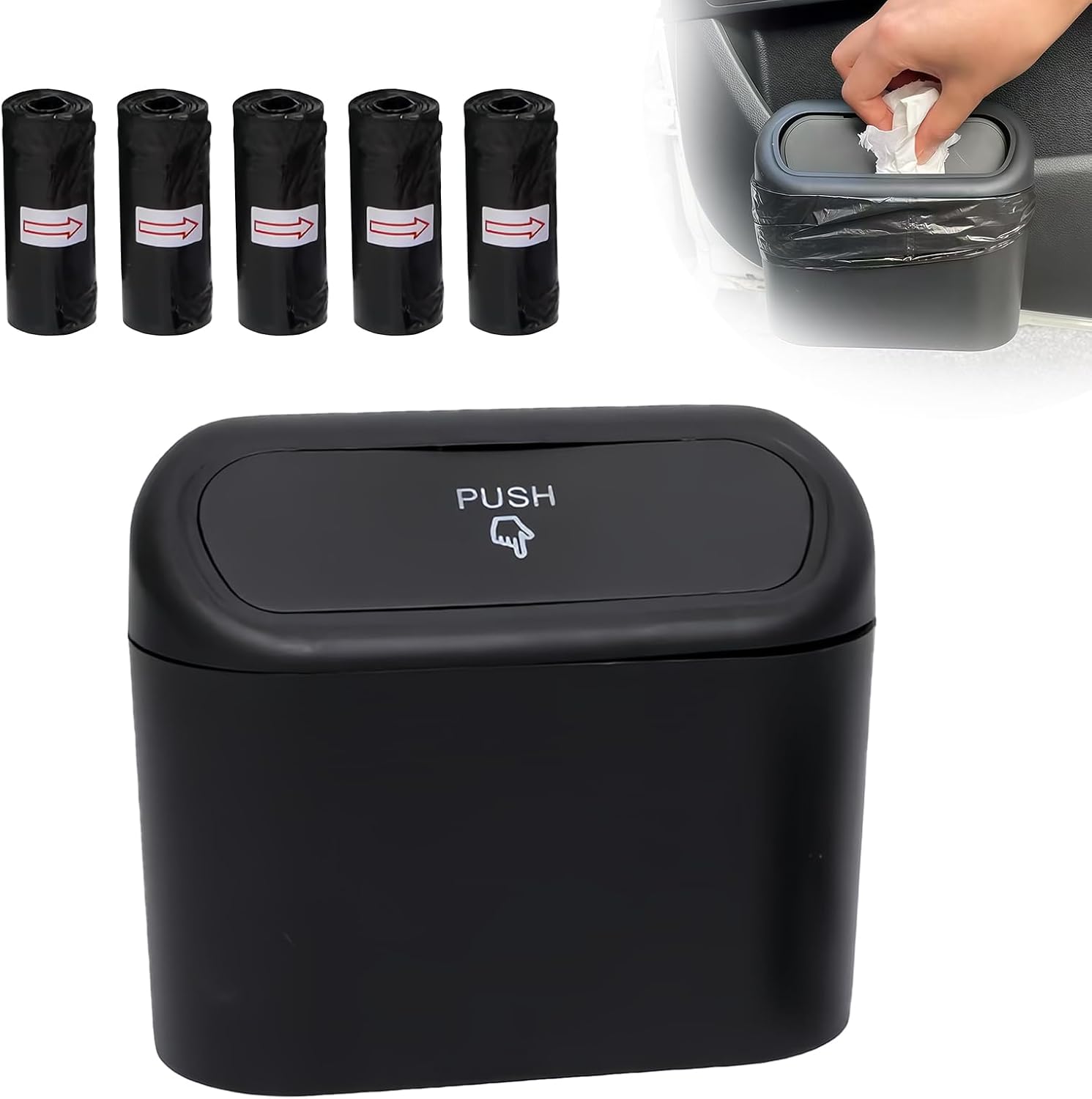 Car Small Trash Can with Lid, Leakproof Mini Car Garbage Can, Waterproof Push Button Easy Empty, Suitable for Desktop Office Bedroom Dorm Home Vehicle with 75 PCS Plastic Trash Bag (Black)