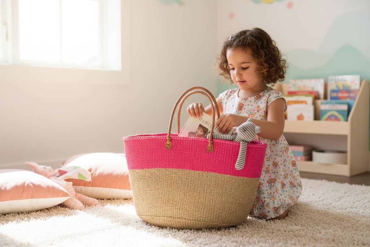 Extra Large Shoulder Bag Beach Bag Kiondo Kenya Fair Trade: Pink and Tan Length: 25" x Height: 13" With Straps: 19"