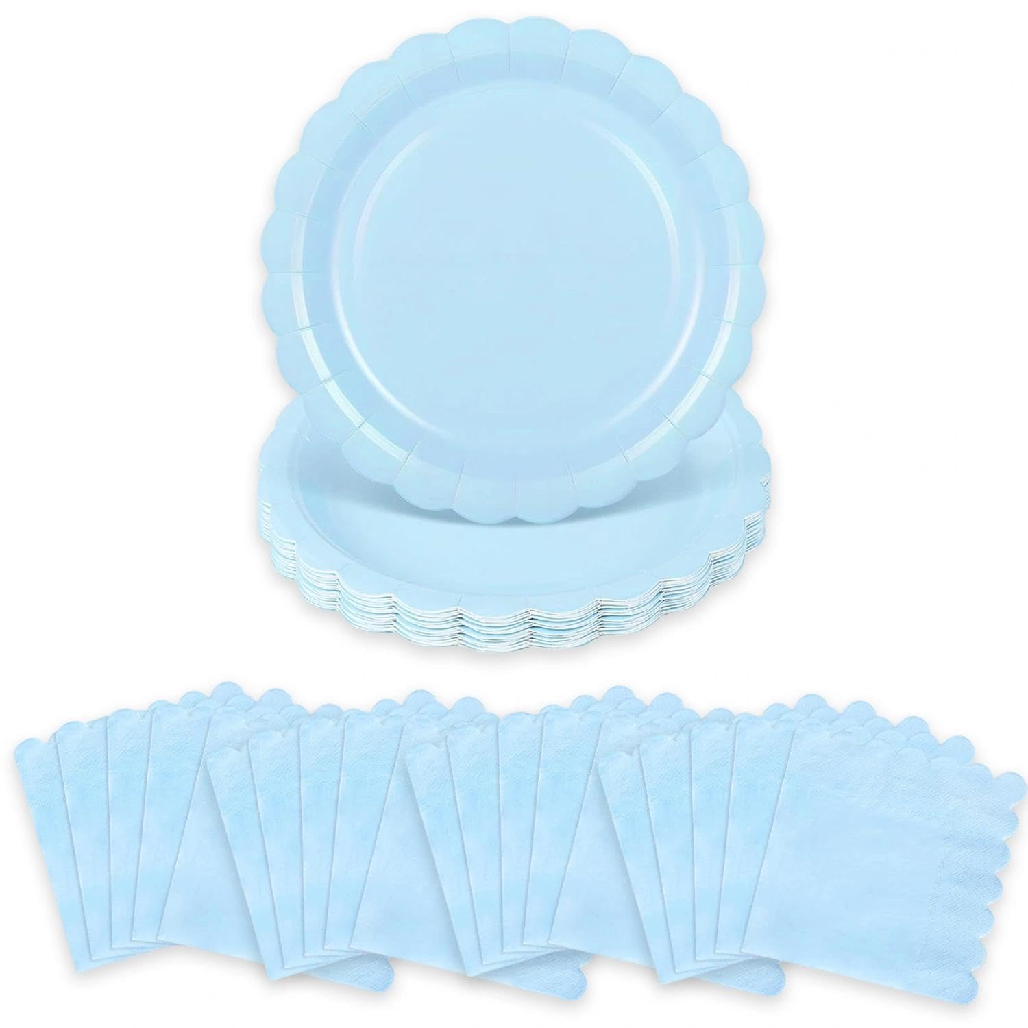 40Pcs Light Blue Party Tableware, Disposable Plates for Parties, Include Scalloped Blue Paper Plates and Blue Napkins, Party Plates and Papkins for Baby Shower, Wedding, BBQ, Birthday Party