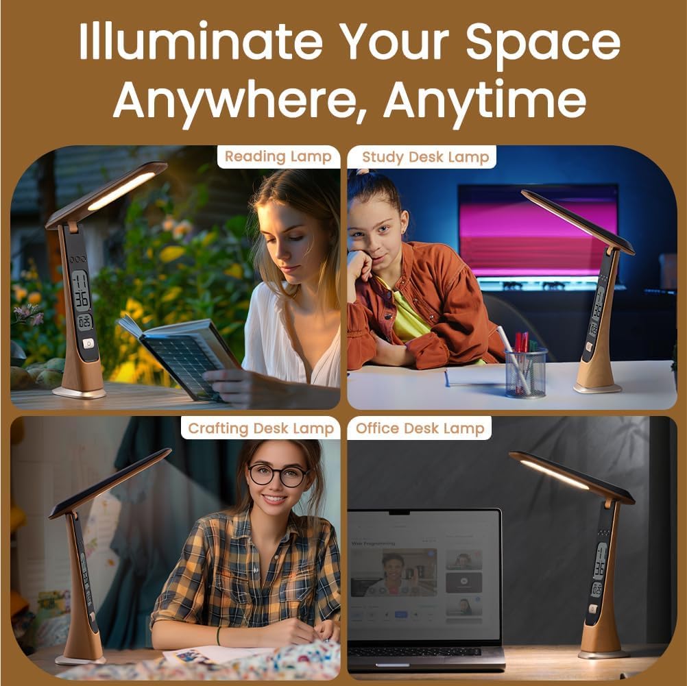 Lampada da scrivania LED senza fili ricaricabile, lampada da tavolo con orologio, batteria, digitale, LCD, data, luminosità regolabile, pieghevole, luci portatili per la casa, la lettura, l'ufficio