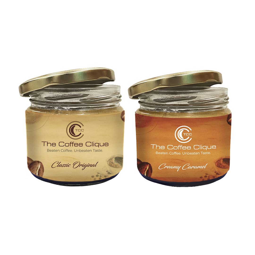 The Coffee Clique | Classic Original + Creamy Caramel | Beaten Coffee Paste | Cafe Like Cappuccino At Home | No Additional Sugar Needed | Combo of 2 | 500 Grams