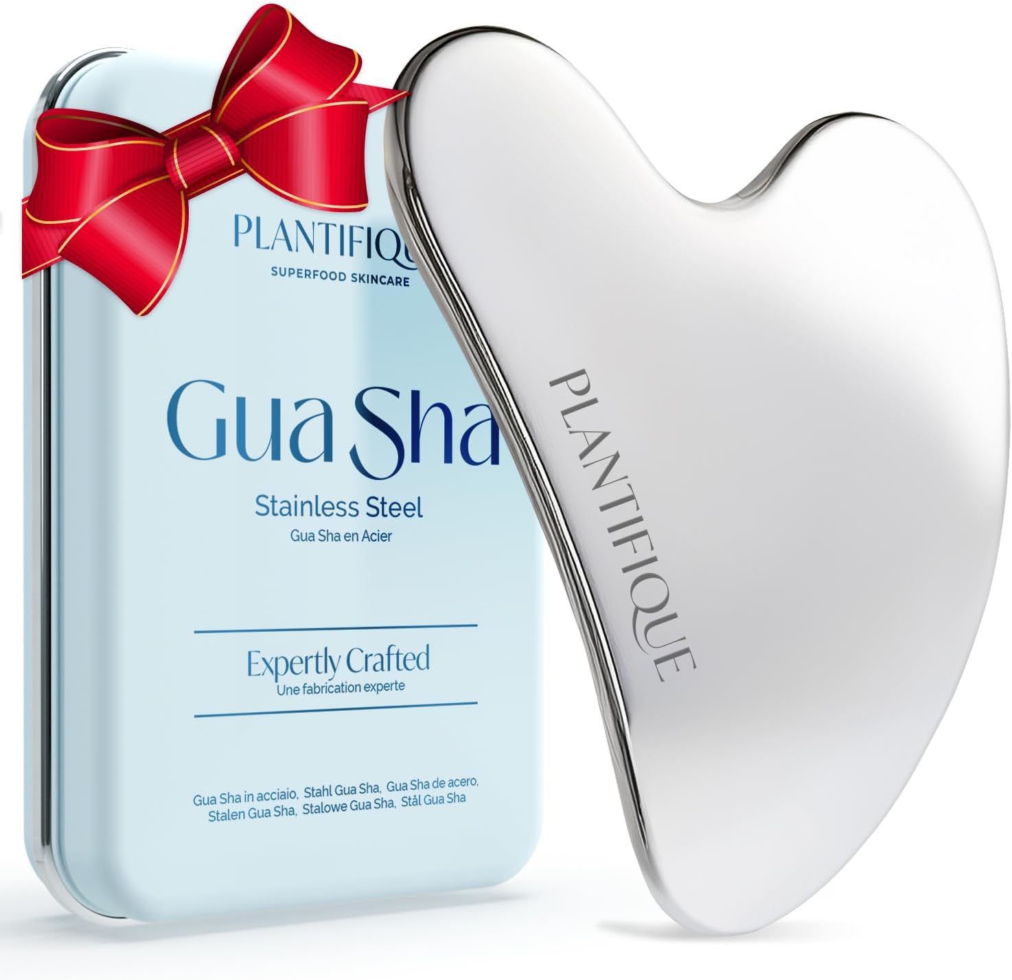 PLANTIFIQUE Stainless Steel Gua Sha | Facial Tool | Skin Massage for Face Body Eyes Neck Heart Style with Travel Pouch | Skin Care Gift