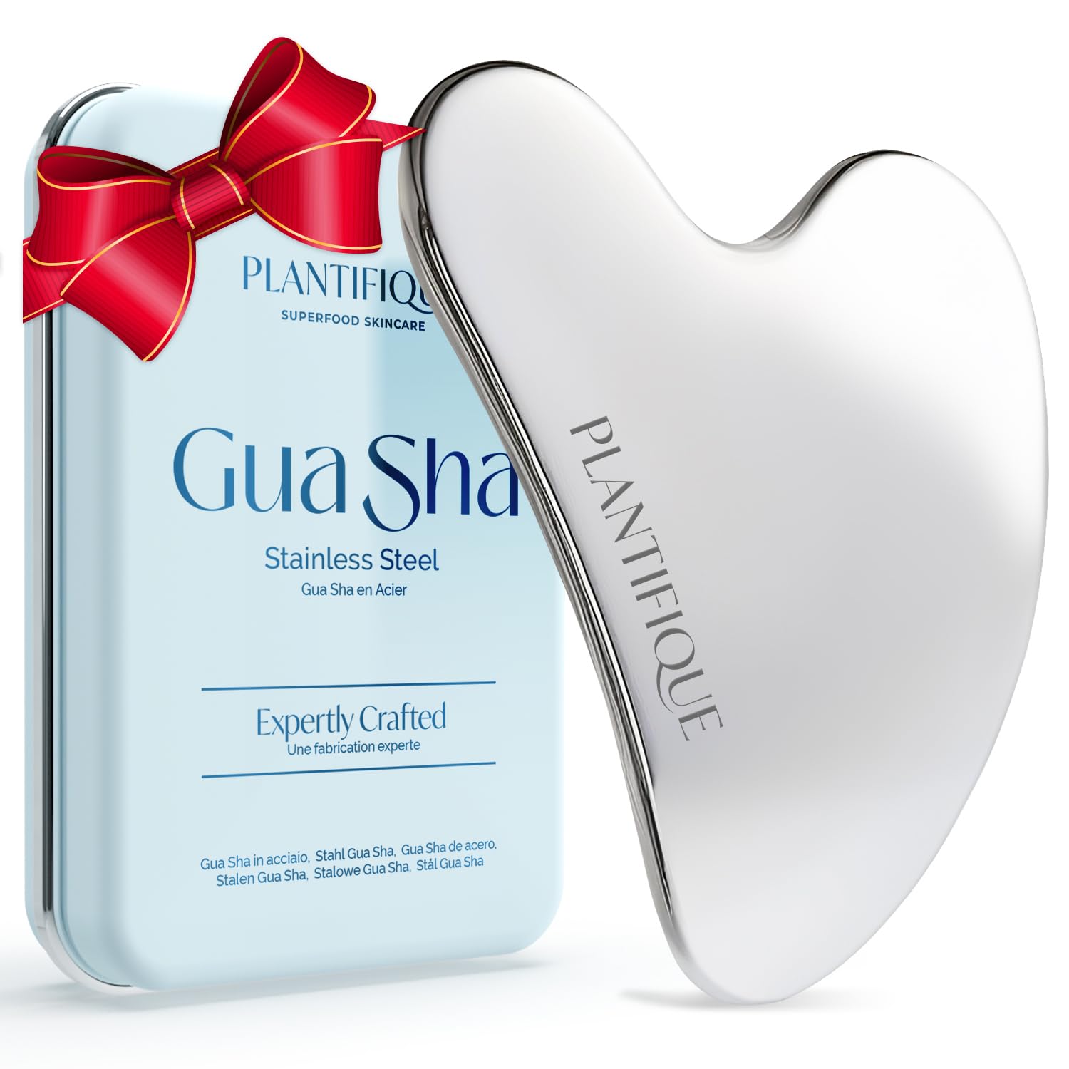 PLANTIFIQUE Stainless Steel Gua Sha Facial Tool – Skin Massage Tool for Face, Body, Eyes & Neck – Heart-Shaped with Travel Pouch, Skincare Gift for Women & Men