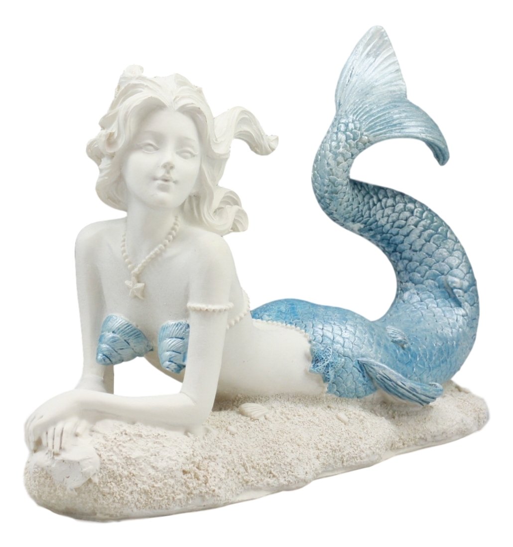 Ebros Beautiful Ocean Goddess Celeste Blue Tailed Mermaid Statue 8" Long Relaxing Under The Sea Mermaid Figurine Home Decor Nautical