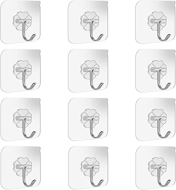 Adhesive Wall Hooks Bathroom Kitchen 12 Packs Heavy Duty 22lb(Max) Nail Free Sticky Hangers with Stainless Hooks Utility Towel Bath Ceiling Hooks