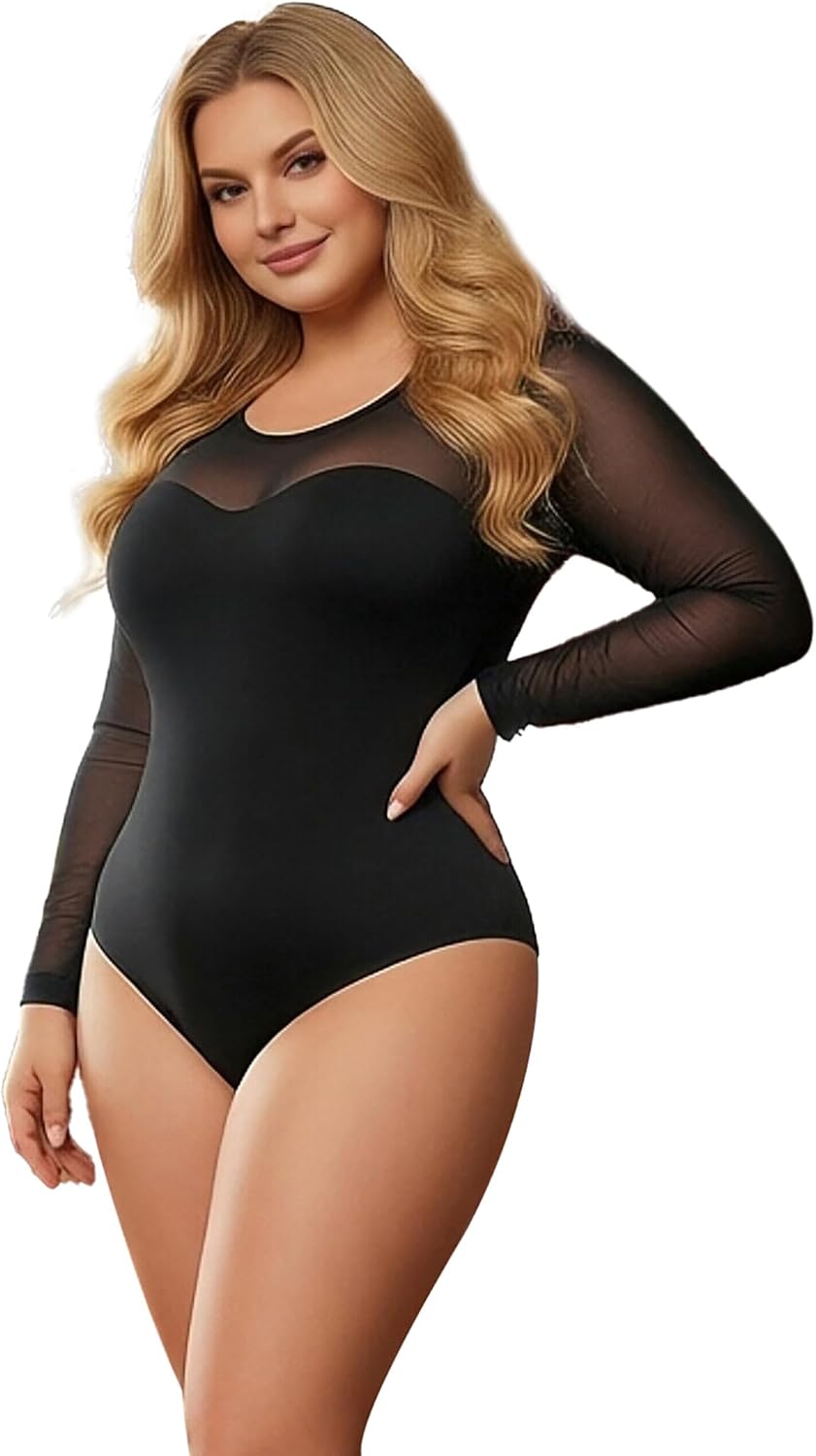 Women's Mesh Bodysuit Crew Neck Long Sleeve Body Suits Sexy Sheer Leotard Tops Black Going Out Bodysuit Tops