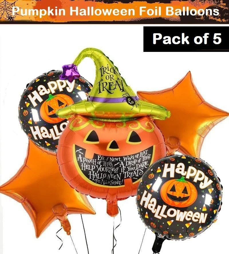 Image of AMFIN (Pack of 5) Happy Halloween Party Scary Pumpkin Foil Balloons - Orange